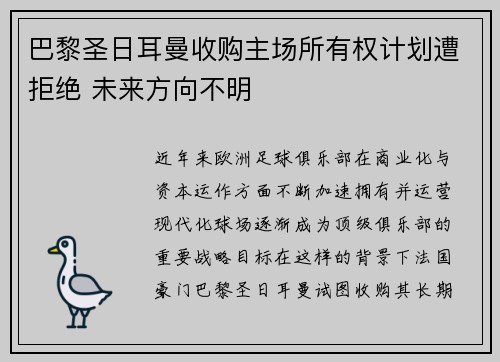 巴黎圣日耳曼收购主场所有权计划遭拒绝 未来方向不明
