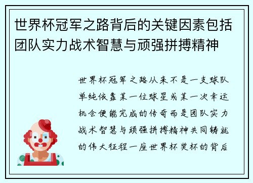 世界杯冠军之路背后的关键因素包括团队实力战术智慧与顽强拼搏精神